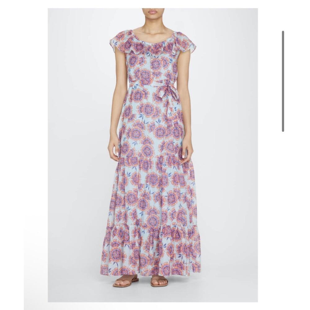 Saloni Cassie Maxi Dress Sz 8 Pink Blue Ruffle Cotton Silk Beachy Boho